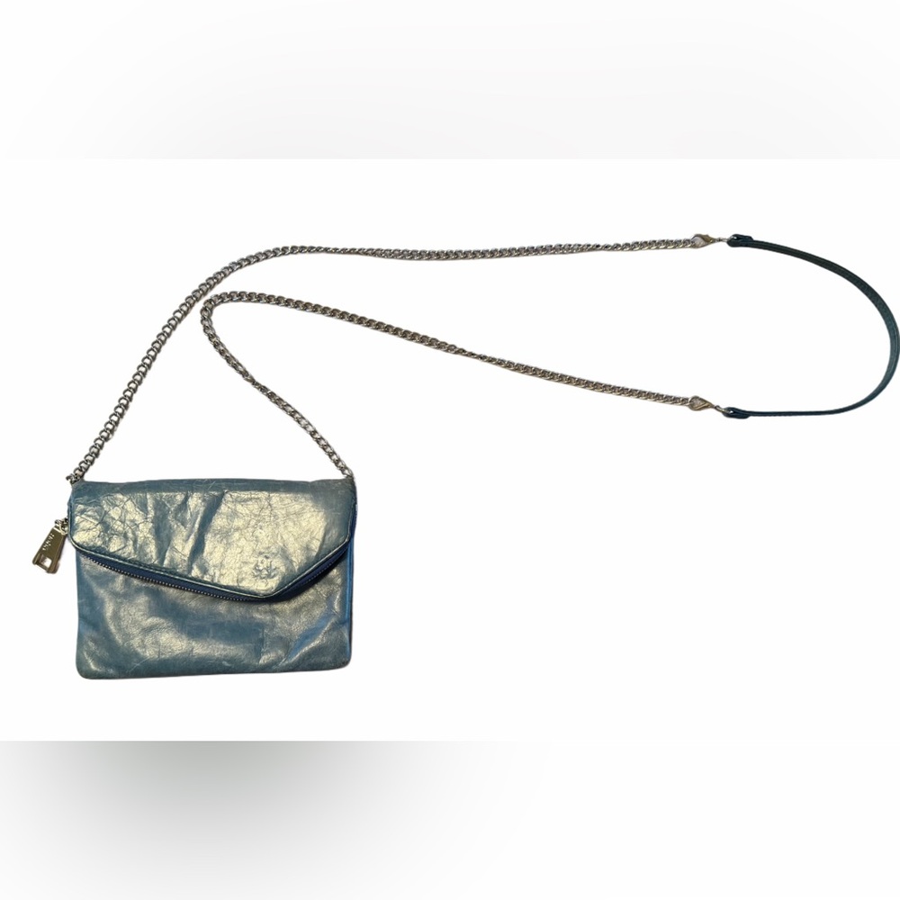 Blue leather HOBO bag crossbody silver chain